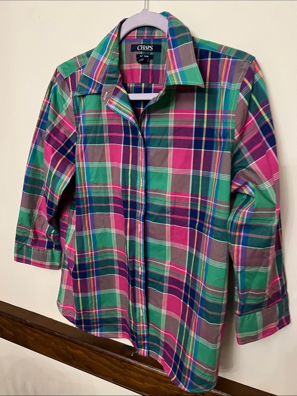 Chaps Women's Plaid Button-Up Shirt in Green, Pink & Navy L